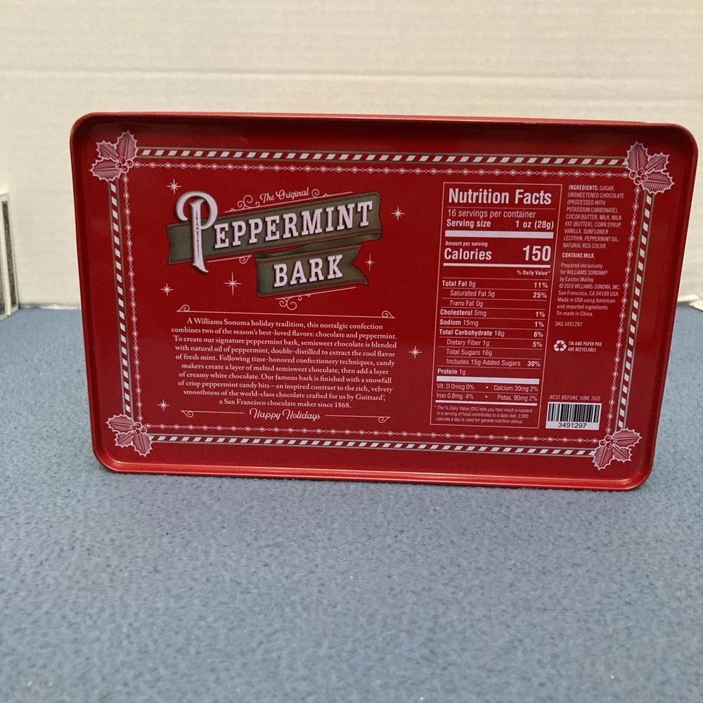Williams Sonama Peppermint Bark 1 lb/16 oz Tins (Empty) from 2024 - Set‎ of 2
